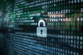 Digital padlock symbol overlayed on scrolling green and white binary code data security digital lock Royalty Free Stock Photo