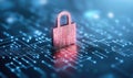 A digital padlock symbolizes cybersecurity, representing data protection, encryption, and online safety in a technology-driven
