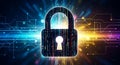 Digital padlock symbolizing cyber security and data protection with glowing neural network and circuit patterns Royalty Free Stock Photo