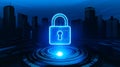 Digital padlock symbolizing cybersecurity against a city skyline at night Royalty Free Stock Photo