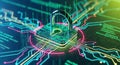 Digital padlock symbolizing cybersecurity and data protection over glowing circuit board with binary code Royalty Free Stock Photo