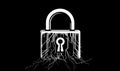 Digital padlock symbolizing cybersecurity with electric circuits and lightning effects, representing data protection and