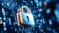 A digital padlock symbolizing security and data protection, set against a backdrop of binary code and technological elements Royalty Free Stock Photo