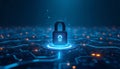 Digital padlock on tech network background