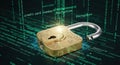 Digital padlock unlocked with glowing green binary code suggesting cybersecurity data protection concept Royalty Free Stock Photo