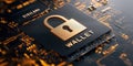 Digital padlock, wallet, security, payment, technology, glowing circuit board, futuristic