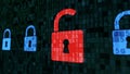 Digital padlocks secure except one red lock, hacker attack virus detected Royalty Free Stock Photo
