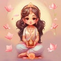 digital paint of cute lakshmi sit on lotus flower generative AI Royalty Free Stock Photo