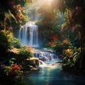 Digital painterly image of a hidden oasis nestled amidst lush greenery and cascading waterfalls