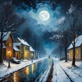 Digital paintimg art in winter with snow dark sky, and street lamping on a road, starry night, moonlit, tree, houses, Van Gogh