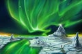 Digital painting alone man and big snow mountian under Northern Lights,illustration