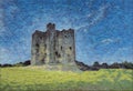 Digital painting of ancient mediaeval castle in Ireland surrounded by grassy fields