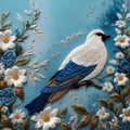 A digital painting art of a beautiful bird on a branch, surrounded by the flowers, blue fragant cloud Royalty Free Stock Photo