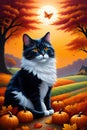 A digital painting art of beautiful cat, sitting in a pumpkins farm , whimsical field, sunset, autumn season, acrylic painting art