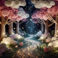 Digital painting art of enchanted forest, pathway glows with stars and sparkles, trees leaves in the form of pink and white clouds Royalty Free Stock Photo