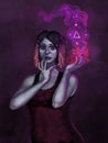Digital Painting Of Attractive Female Wizard Casting A Magic Spell With Symbols And Colorful Light - Digital Fantasy Painting