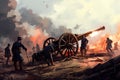 Digital painting of the battle scene with a cannon and soldiers in action, Modern artillery and anti-aircraft guns on a