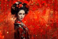 digital painting of a beautiful Asian woman in Geisha costume with an abstract red art background