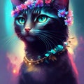 Digital painting of a black cat wearing a wreath of flowers. Generative AI