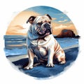 Digital Painting Of A Bulldog Sitting By The Beach