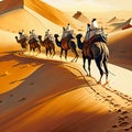 Digital painting of camels caravan in desert in sunny day, Generative AI