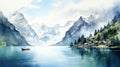 Swiss Fjord Watercolor Painting: Serene Lake And Mountain House Royalty Free Stock Photo