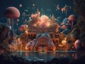 A digital painting of a castle surrounded by jellys. AI generative image.