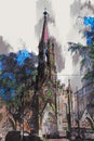 Digital painting of church, church illustration image