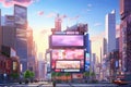 Digital Painting of City With Billboards, Urban Landscape Artwork Showcase Advertising Landmarks and Nightlife, Cityscape with Royalty Free Stock Photo