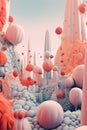 A digital painting of a city with lots of balloons. Generative AI image.