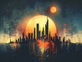 A digital painting of a cityscape with a large moon in the background. The city is dark and the moon is bright, creating a Royalty Free Stock Photo