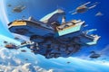 Digital painting of a colossal spaceship carrier soaring through a vast blue sky, accompanied by a fleet of smaller ships in Royalty Free Stock Photo