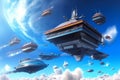 Digital painting of a colossal spaceship carrier soaring through a vast blue sky, accompanied by a fleet of smaller ships in