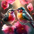 Digital painting of a couple of birds in love on a branch of blooming sakura Generative AI