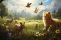 Digital painting of a couple of lions in a meadow with wildflowers, A cute dog watches a movie on a laptop screen, creating an