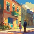 Digital Painting Of A Couple Standing In The Middle Of A Cute Town Street