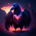 Bald ibis hugging heart Digital painting of a crow holding a heart in its beak. AI generated animal ai