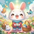 Digital painting of cute kawaii rabbit, with picnic basket, excited expression, weekend happy time, cartoon, anime art, butterfly