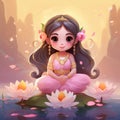 digital painting of cute lakshmi sit on lotus flower generative AI Royalty Free Stock Photo