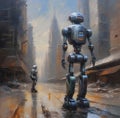 Digital painting, a date of robots standing on the empty streets of an abandoned city.