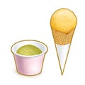 The delicious green tea ice cream scoop in paper cup and mango ice cream wafer cone