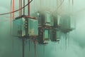 A digital painting depicting a building emerging from the fog, A surreal interpretation of IT infrastructure with floating servers
