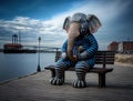 Elephant in Pajamas on the Waterfront Bench Royalty Free Stock Photo