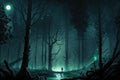 The digital painting depicts a panoramic view of a dark forest at night Royalty Free Stock Photo