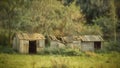 Digital painting of a derelict timber outbuildings and woodland in the English countryside