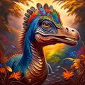 Digital painting of a dinosaur with a headdress made of feathers. generative AI Royalty Free Stock Photo