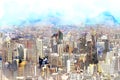 Digital painting and drawing of Modern Skyscraper of business center district at Bangkok skyline with blue sky