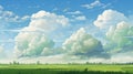 Whimsical Anime Field Illustration With Realistic Colors And Bold Lines