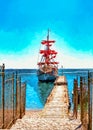 Digital painting. Drawing watercolor. Seascape, sea, pleasure ship. Sailing yacht stands at the pier. Travel and vacation concept