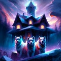 Digital painting of a family of husky dogs in front of a wooden house AI generated